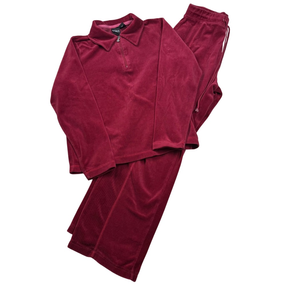 VTG Y2K Erika Velour Tracksuit Set Burgundy 2 Piece Quarter Zip Wide Leg Small